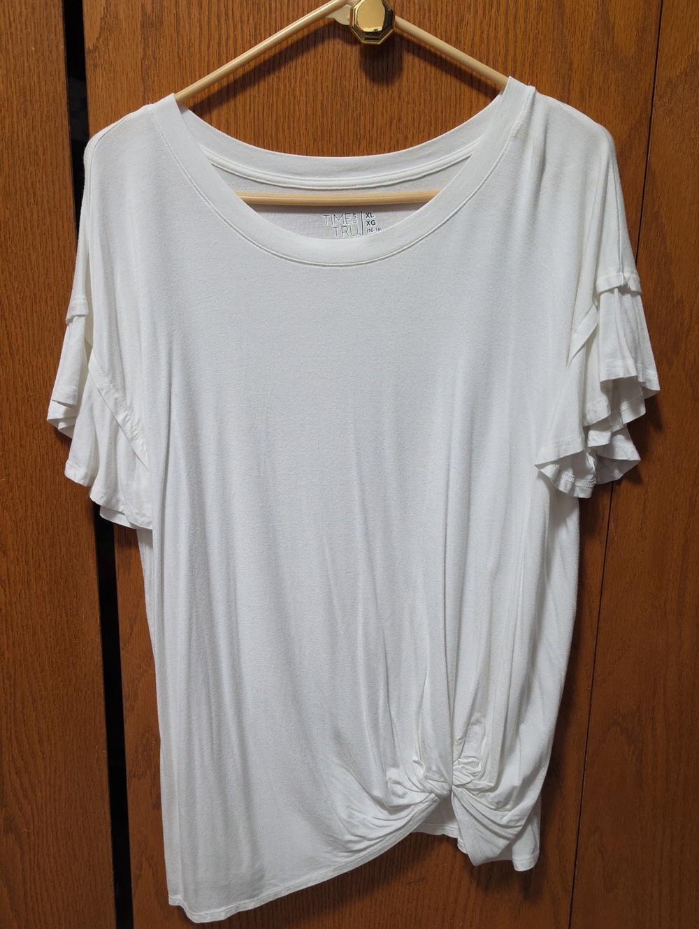 Time and Tru White Ruffle-Sleeve Knot Front Top